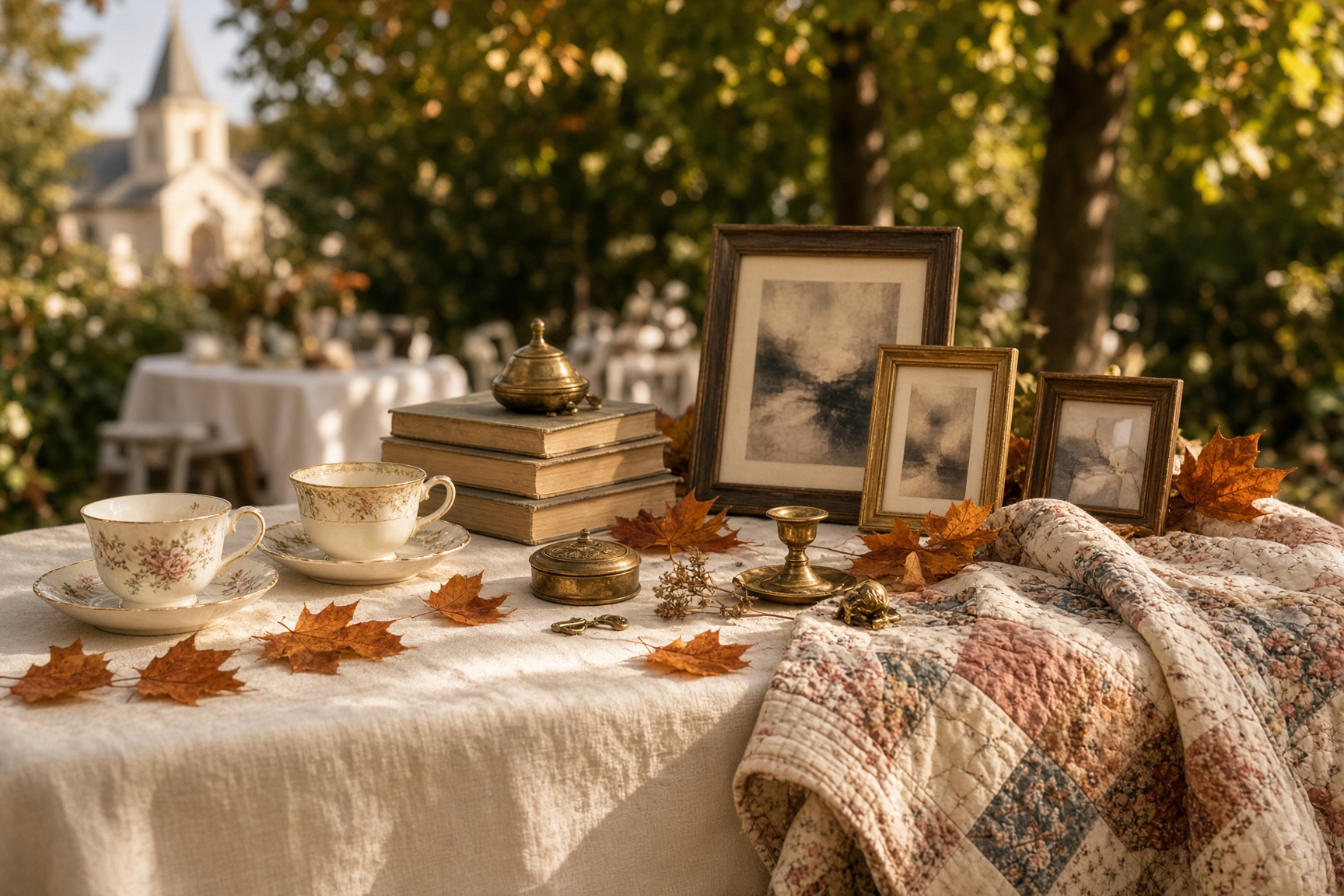 Vintage keepsakes arranged on a festival table