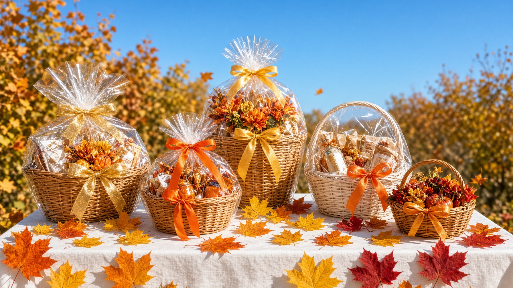Themed gift baskets with orange ribbons