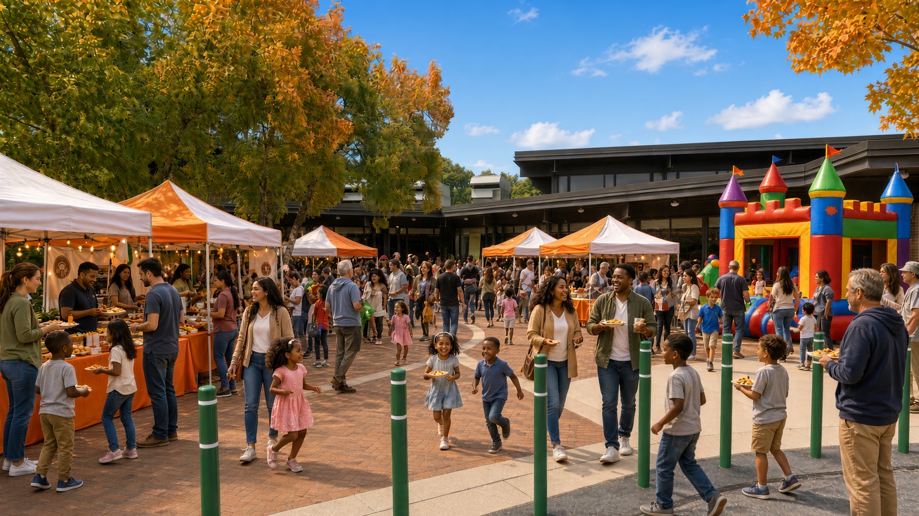 Families of all ages at a joyful fall festival, with food tents and a bounce house in front of the Wilde Lake Interfaith Center
